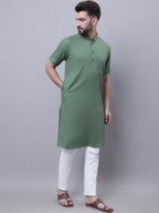 Even Apparels Green Pure Cotton Short Sleeves Kurta With Band Collar | Grocsy