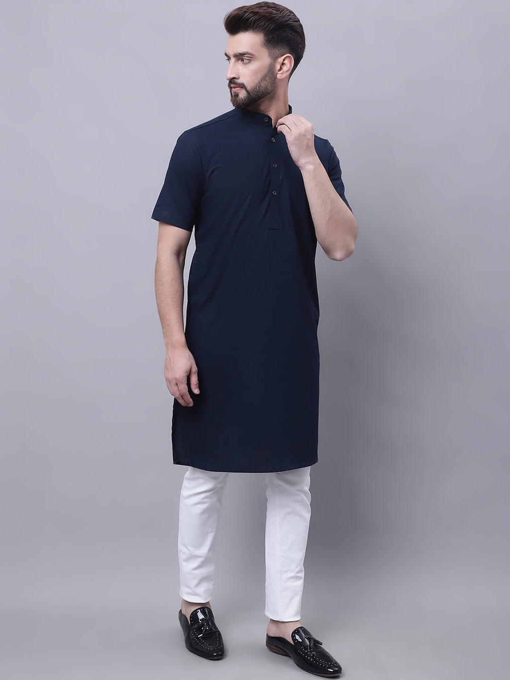 Even Apparels Blue Pure Cotton Short Sleeves Kurta With Band Collar | Grocsy