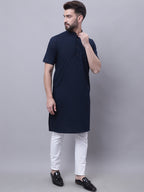 Even Apparels Blue Pure Cotton Short Sleeves Kurta With Band Collar | Grocsy