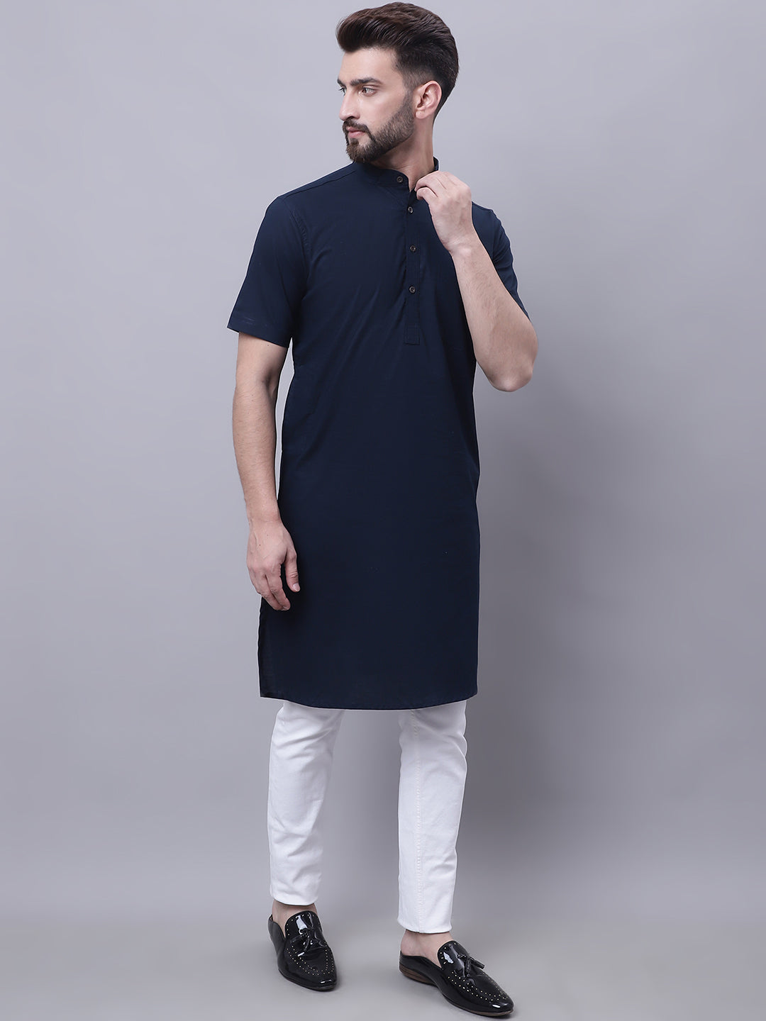 Even Apparels Blue Pure Cotton Short Sleeves Kurta With Band Collar | Grocsy