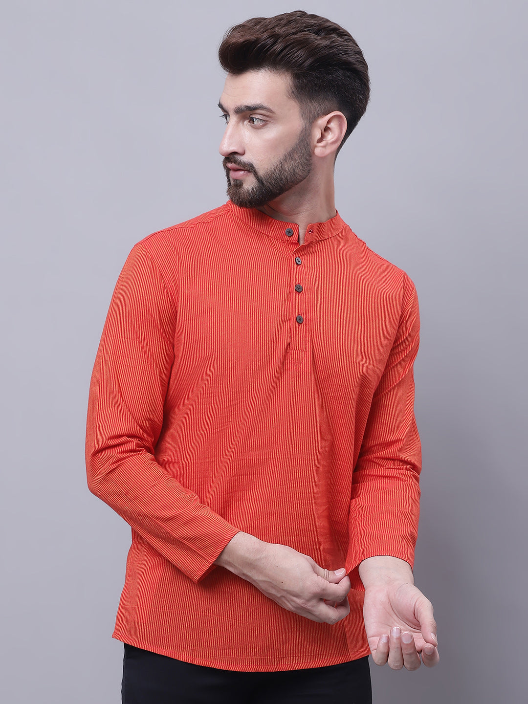 Even Apparels Orange Pure Cotton Short Kurta With Band Collar | Grocsy