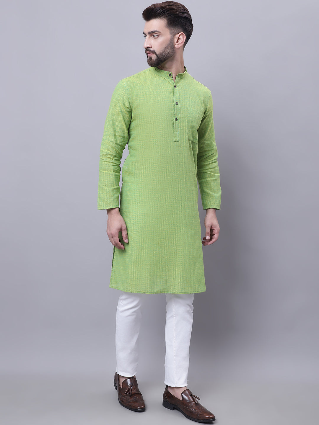 Even Apparels Green Pure Cotton Kurta With Band Collar | Grocsy