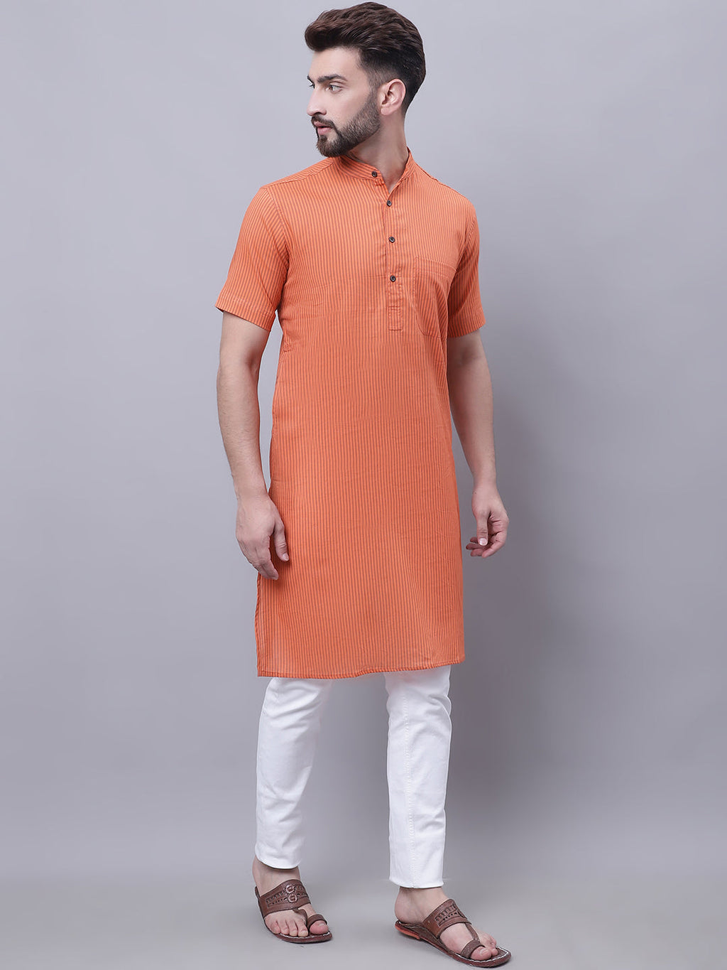 Even Apparels Rust Pure Cotton Short Sleeves Kurta With Band Collar | Grocsy