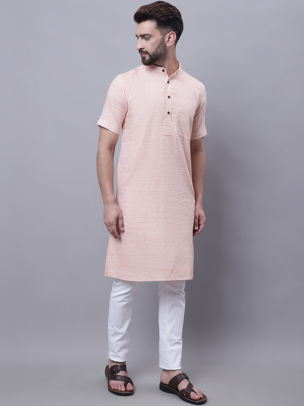 Even Apparels Peach Pure Cotton Short Sleeves Kurta With Band Collar | Grocsy