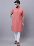 Even Apparels Peach Pure Cotton Short Sleeves Kurta With Band Collar | Grocsy