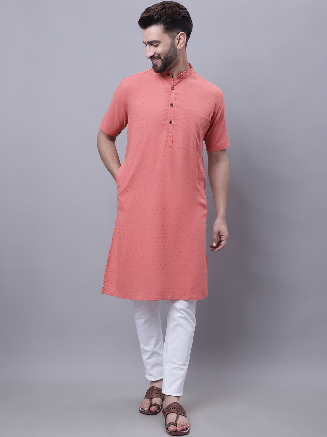 Even Apparels Peach Pure Cotton Short Sleeves Kurta With Band Collar | Grocsy