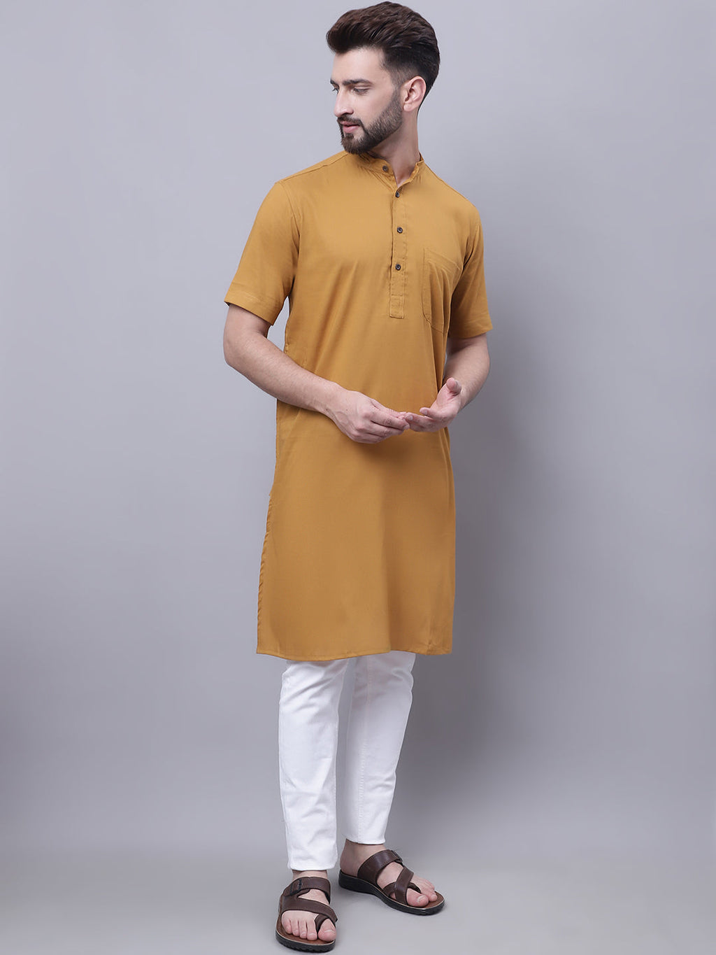 Even Apparels Mustard Pure Cotton Short Sleeves Kurta With Band Collar | Grocsy