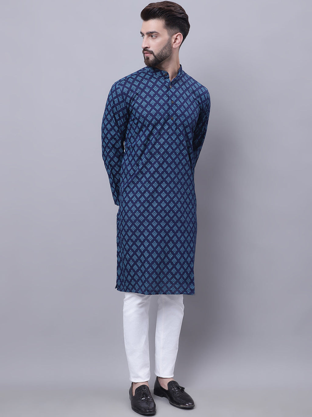 Even Apparels Blue Pure Cotton Kurta With Band Collar | Grocsy