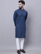 Even Apparels Blue Pure Cotton Kurta With Band Collar | Grocsy