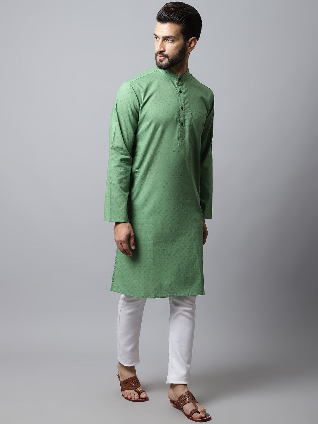 Even Apparels Green Solid Kurta With Band Collar | Grocsy