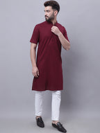 Even Apparels Red Pure Cotton Short Sleeves Kurta With Band Collar | Grocsy