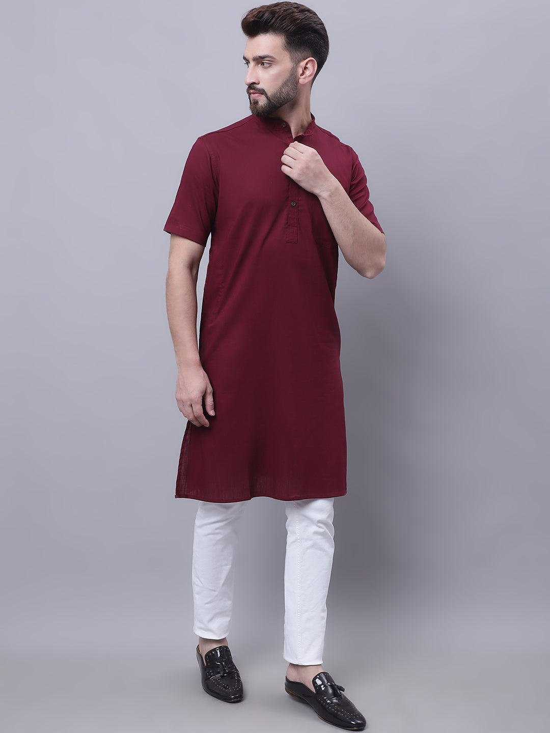 Even Apparels Red Pure Cotton Short Sleeves Kurta With Band Collar | Grocsy