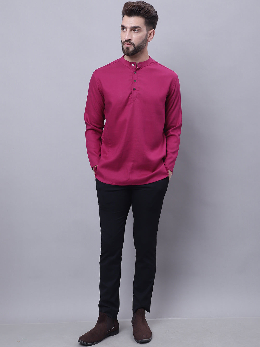 Even Apparels Wine Pure Cotton Short Kurta With Band Collar | Grocsy