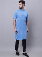 Even Apparels Blue Pure Cotton Short Sleeves Kurta With Band Collar | Grocsy