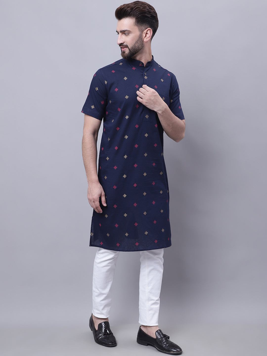 Even Apparels Blue Pure Cotton Short Sleeves Kurta With Band Collar | Grocsy