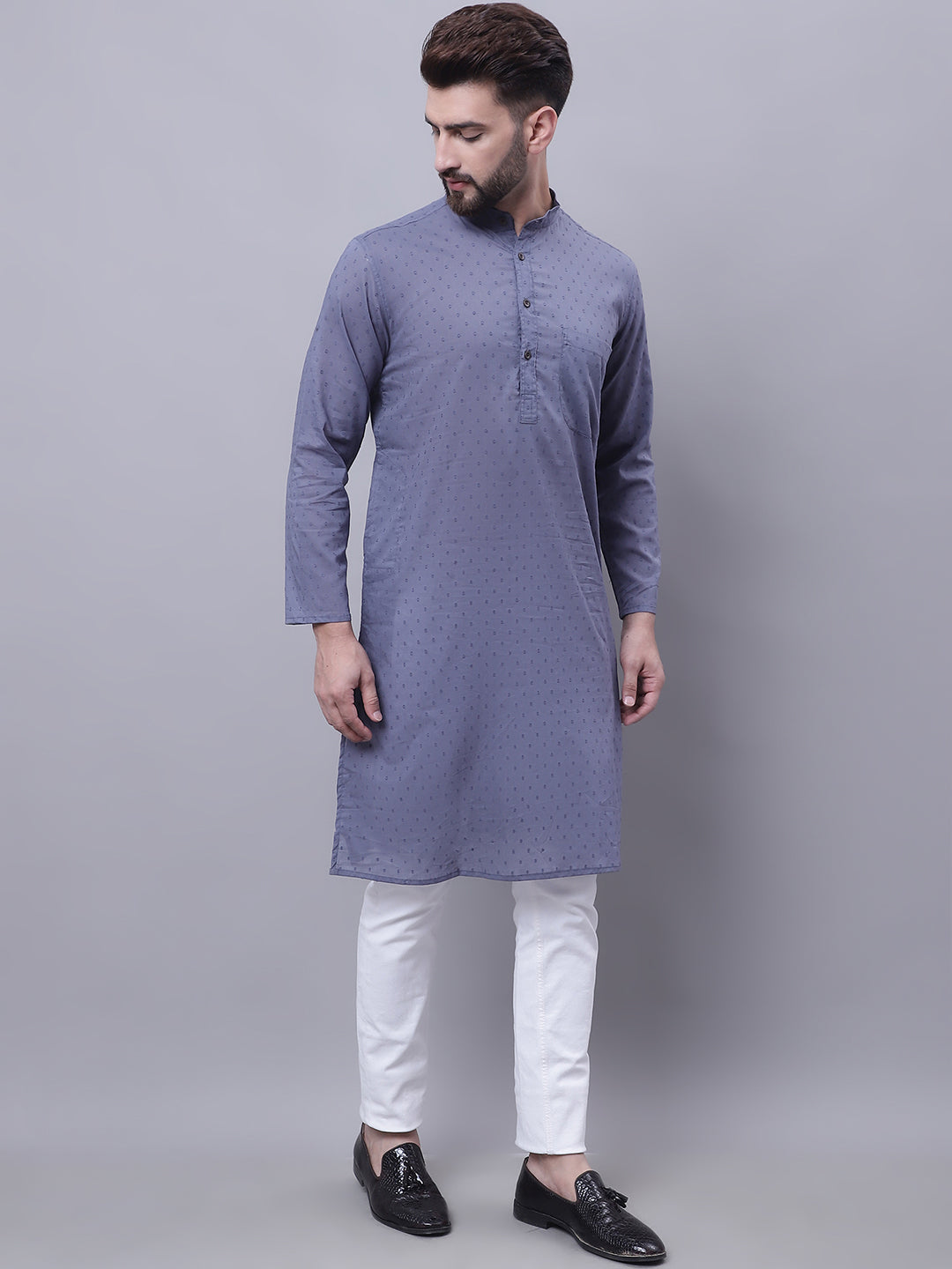 Even Apparels Grey Pure Cotton Kurta With Band Collar | Grocsy