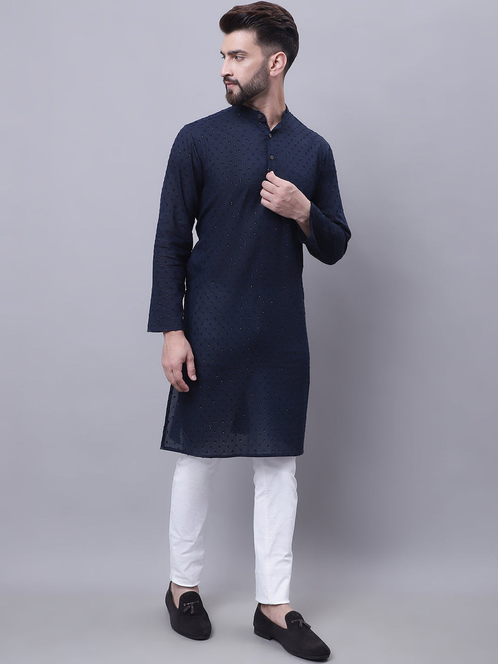 Even Apparels Blue Pure Cotton Kurta With Band Collar | Grocsy