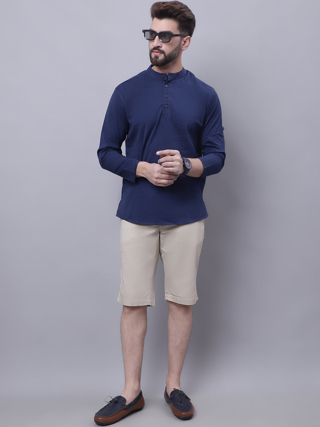 Even Apparels Blue Pure Cotton Short Kurta With Band Collar | Grocsy