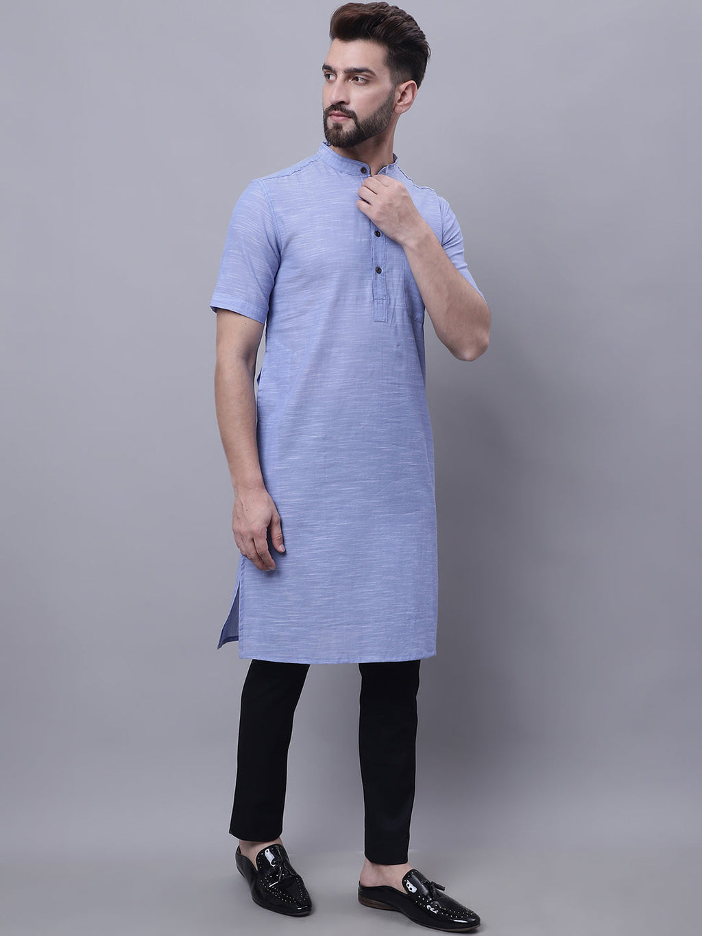 Even Apparels Blue Pure Cotton Short Sleeves Kurta With Band Collar | Grocsy