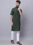 Even Apparels Green Pure Cotton Short Sleeves Kurta With Band Collar | Grocsy