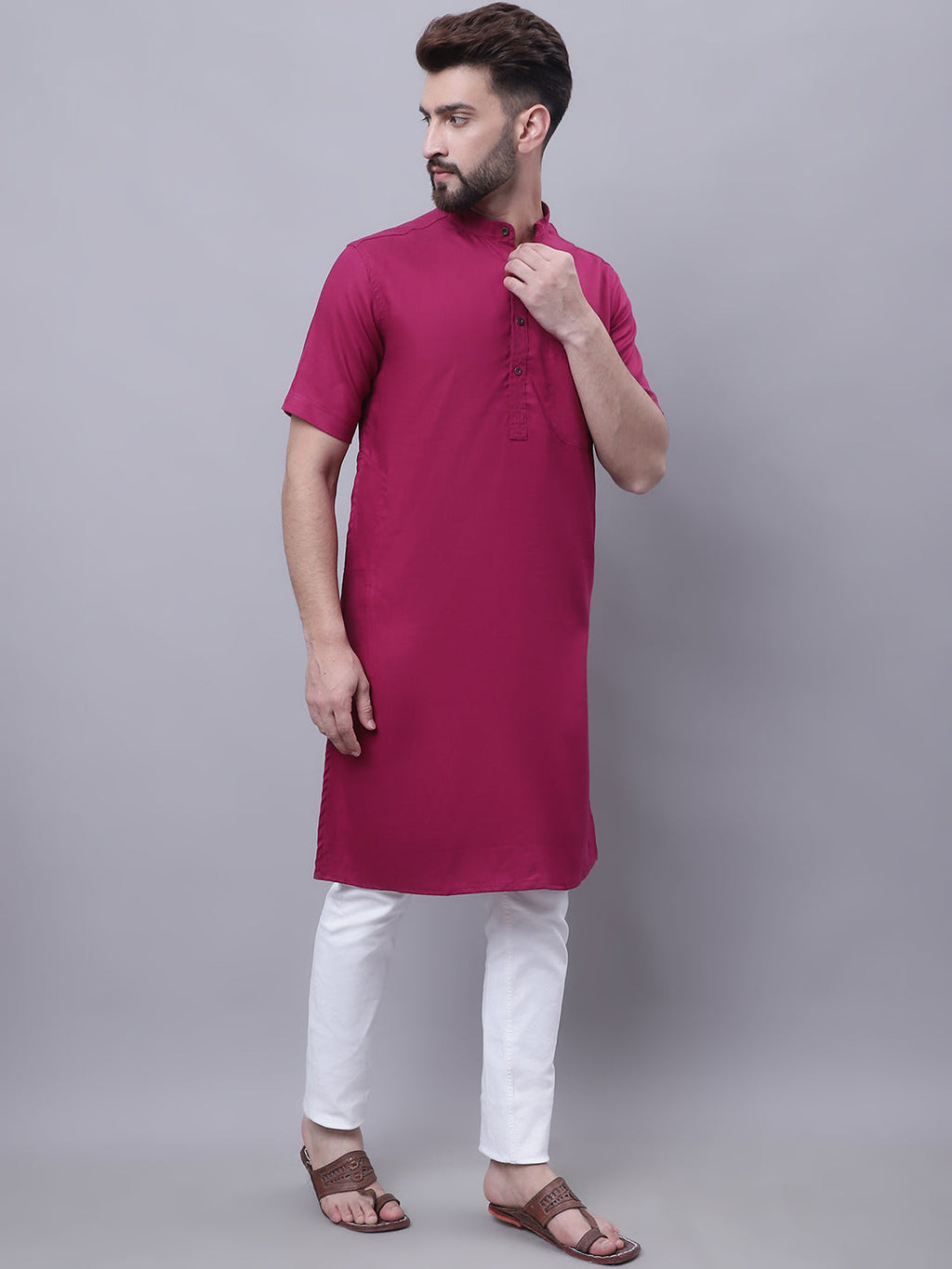 Even Apparels Maroon Pure Cotton Short Sleeves Kurta With Band Collar | Grocsy