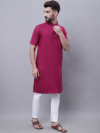 Even Apparels Maroon Pure Cotton Short Sleeves Kurta With Band Collar | Grocsy