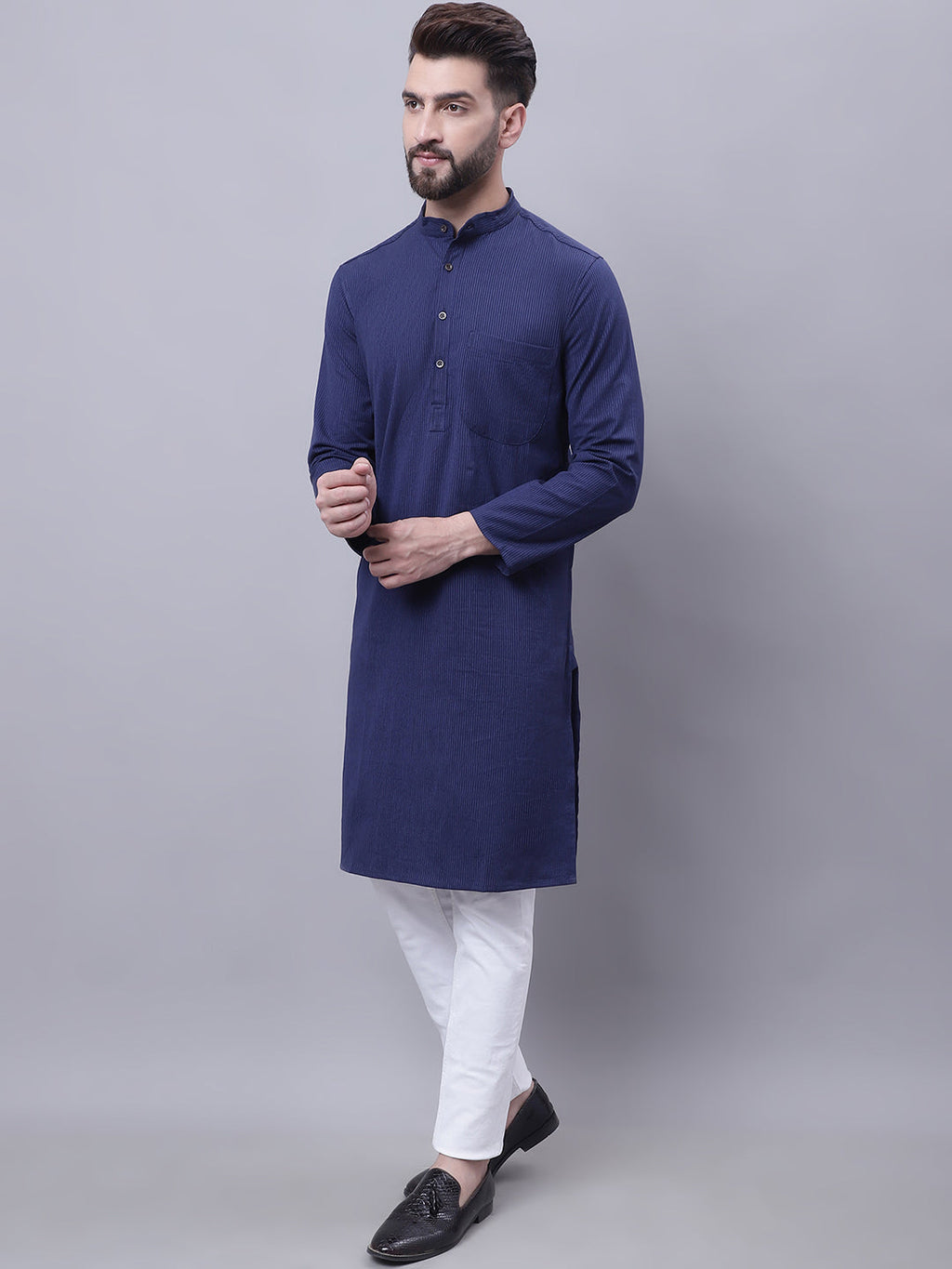 Even Apparels Blue Pure Cotton Kurta With Band Collar | Grocsy