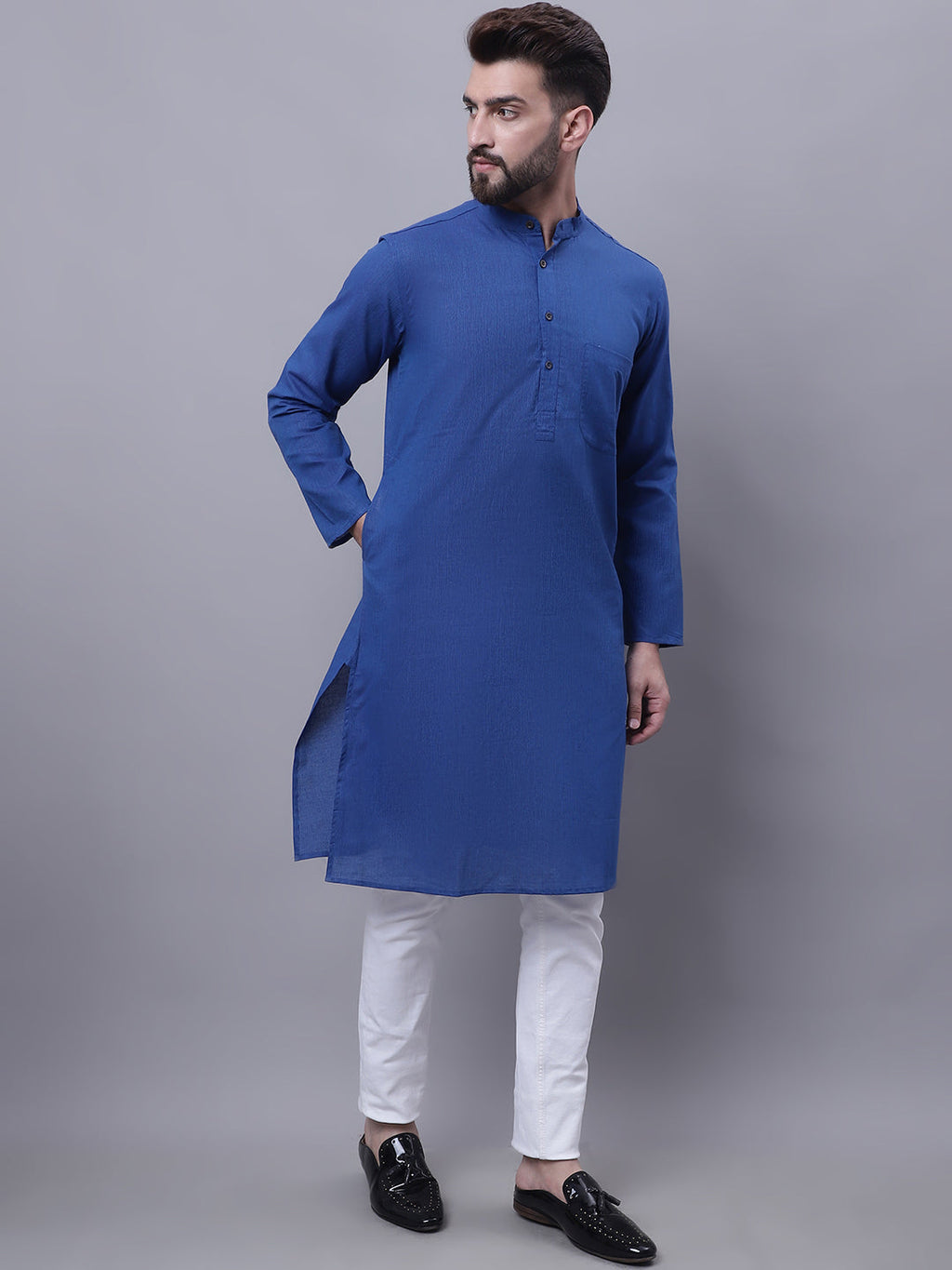 Even Apparels Blue Pure Cotton Kurta With Band Collar | Grocsy