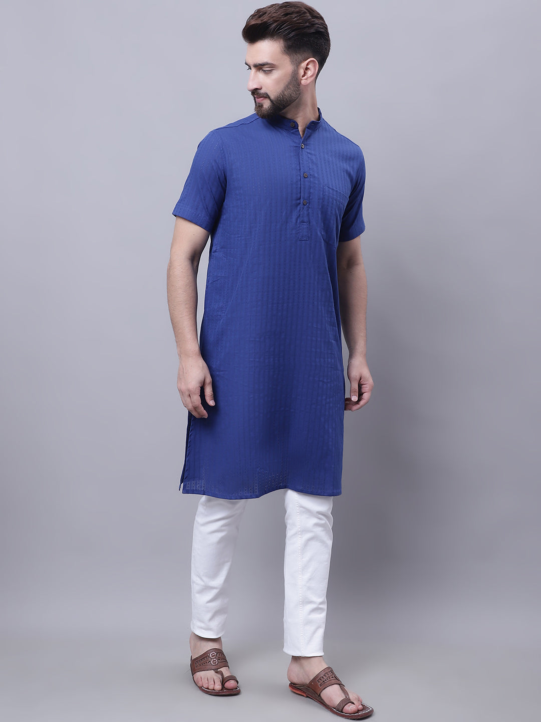 Even Apparels Blue Pure Cotton Short Sleeves Kurta With Band Collar | Grocsy