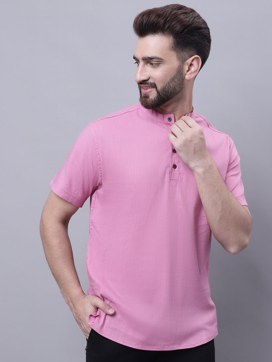 Even Apparels Pink Pure Cotton Short Kurta With Band Collar | Grocsy