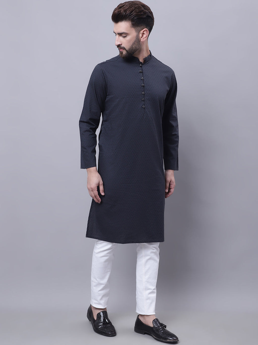 Even Apparels Black Pure Cotton Kurta With Band Collar | Grocsy