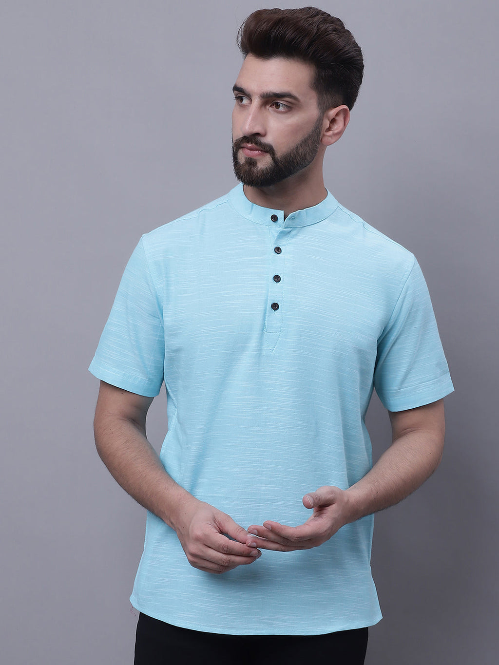 Even Apparels Blue Pure Cotton Short Kurta With Band Collar | Grocsy