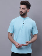 Even Apparels Blue Pure Cotton Short Kurta With Band Collar | Grocsy