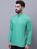 Even Apparels Green Pure Cotton Short Kurta With Band Collar | Grocsy