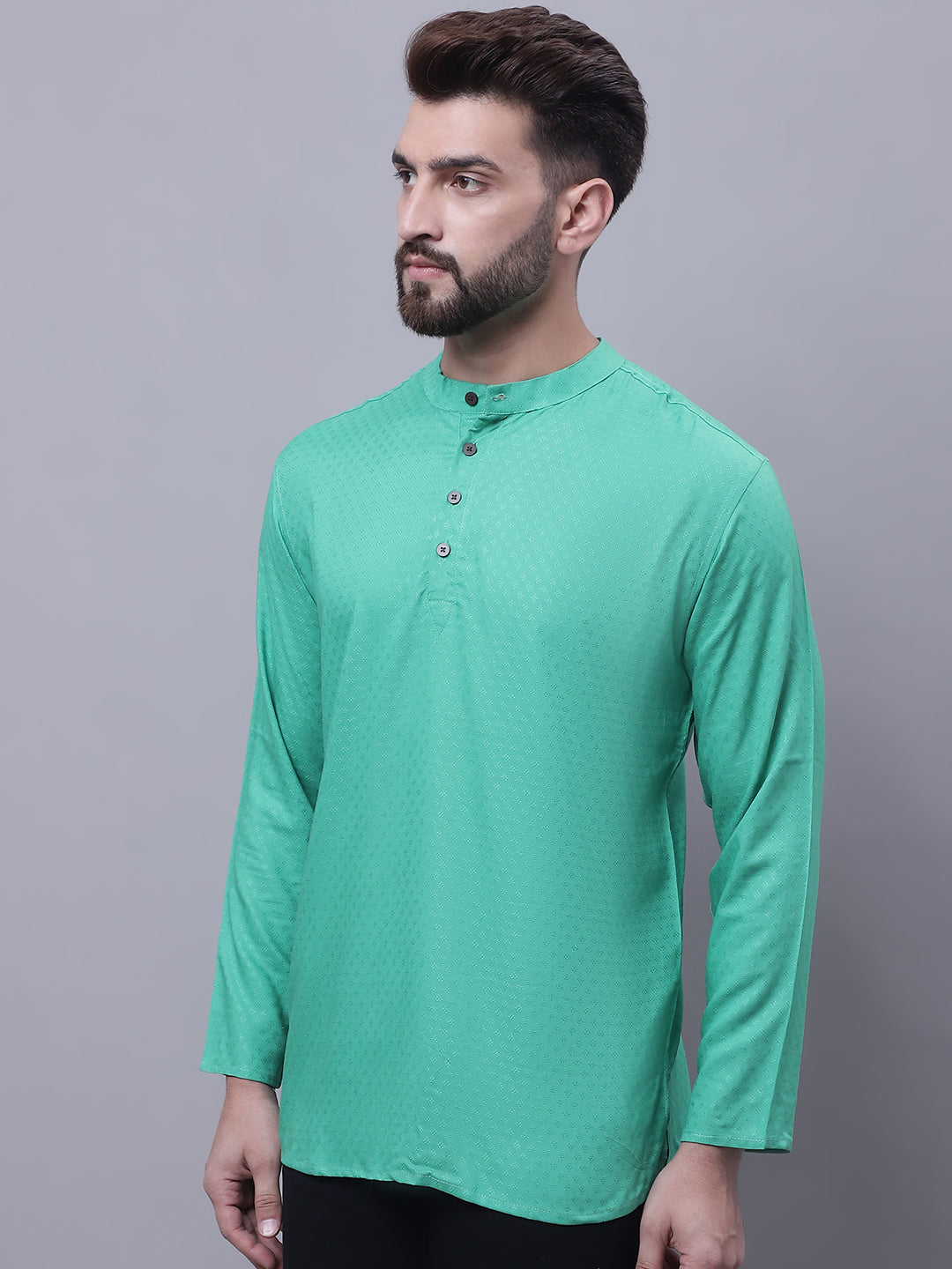 Even Apparels Green Pure Cotton Short Kurta With Band Collar | Grocsy