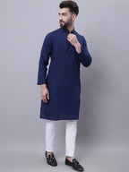Even Apparels Blue Pure Cotton Kurta With Band Collar | Grocsy