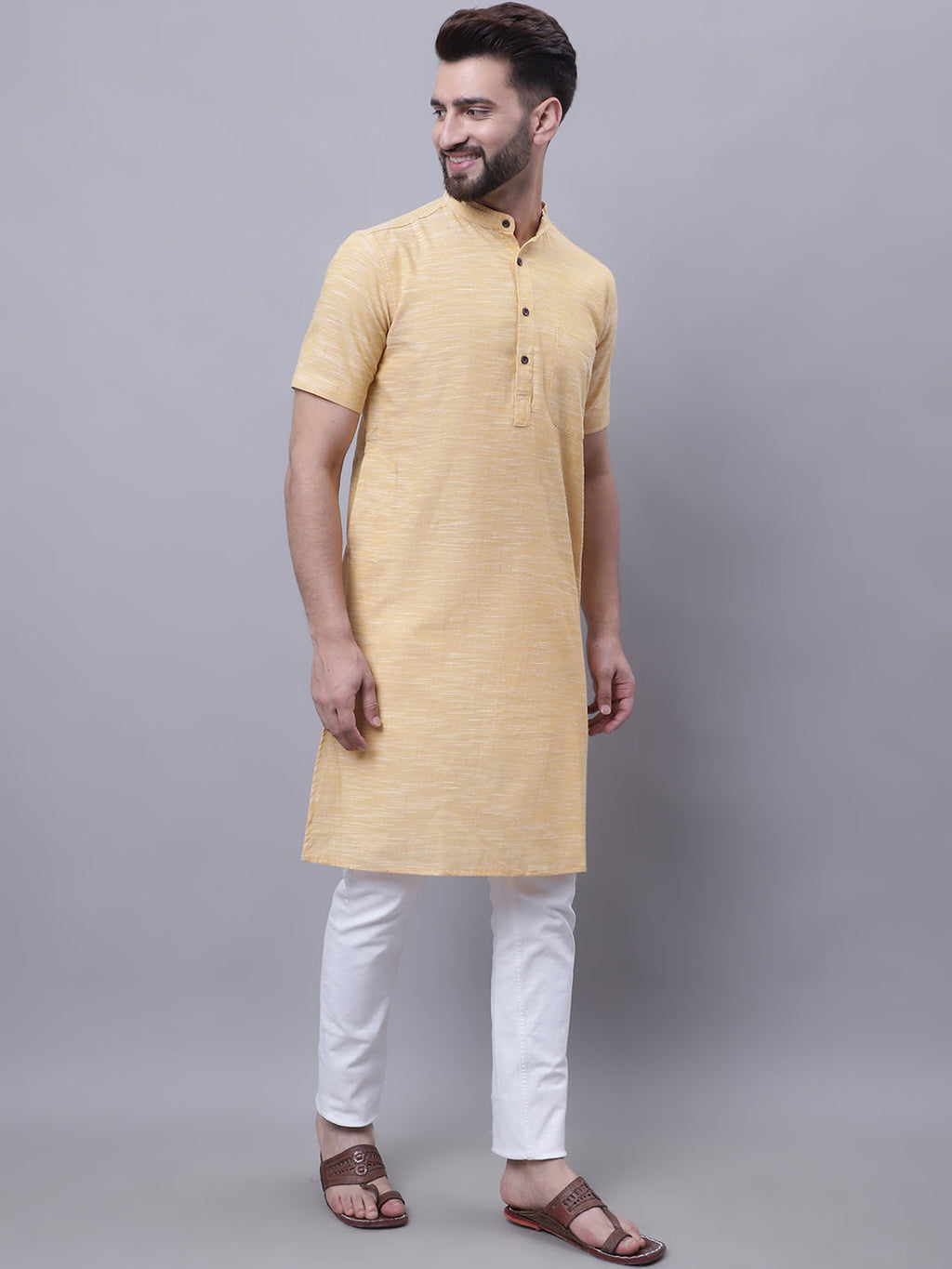 Even Apparels Yellow Pure Cotton Short Sleeves Kurta With Band Collar | Grocsy