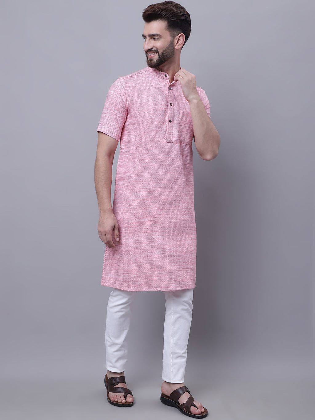 Even Apparels Pink Pure Cotton Short Sleeves Kurta With Band Collar | Grocsy