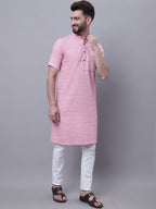 Even Apparels Pink Pure Cotton Short Sleeves Kurta With Band Collar | Grocsy