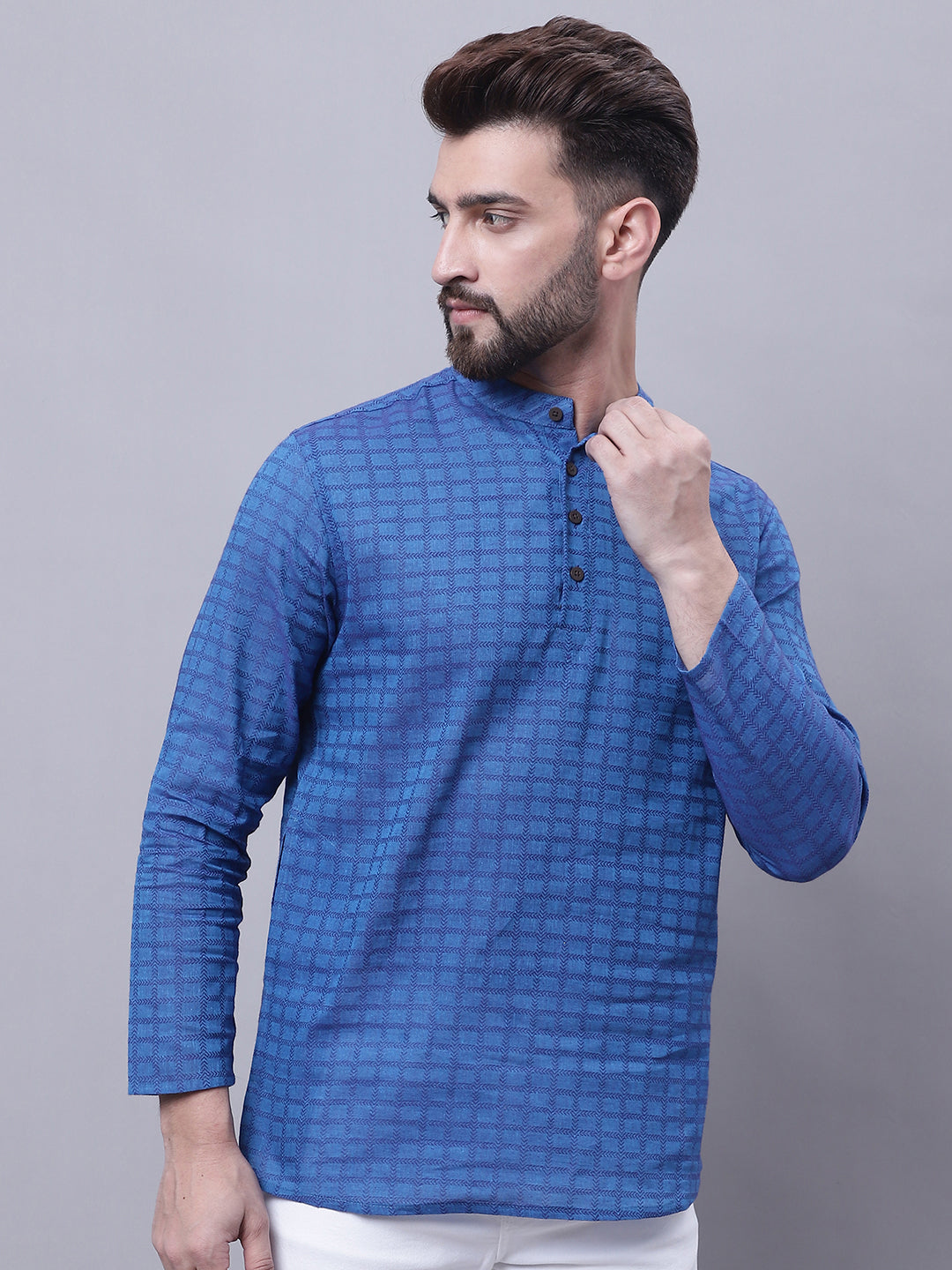 Even Apparels Blue Pure Cotton Short Kurta With Band Collar | Grocsy