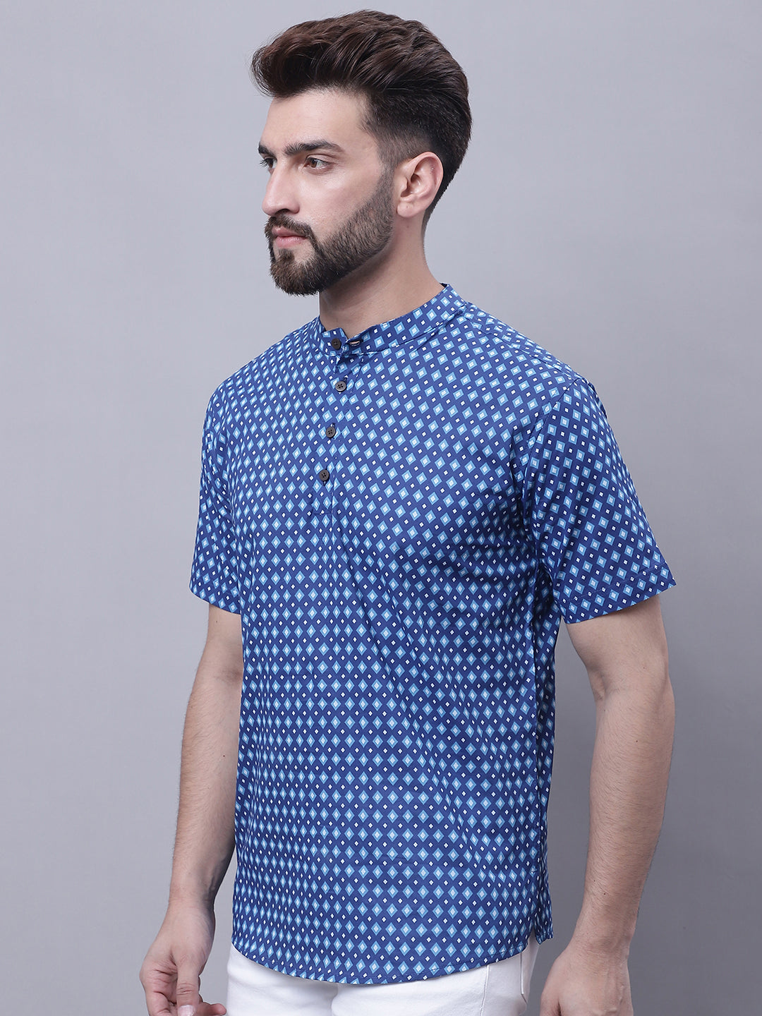 Even Apparels Blue Pure Cotton Short Kurta With Band Collar | Grocsy