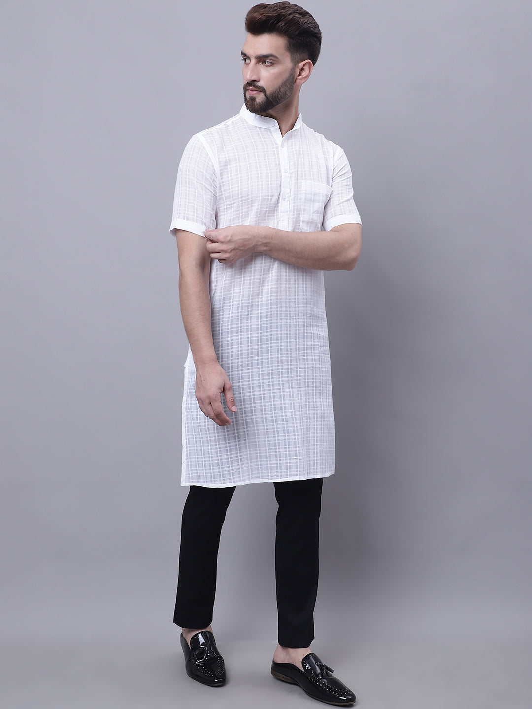 Even Apparels White Pure Cotton Short Sleeves Kurta With Band Collar | Grocsy