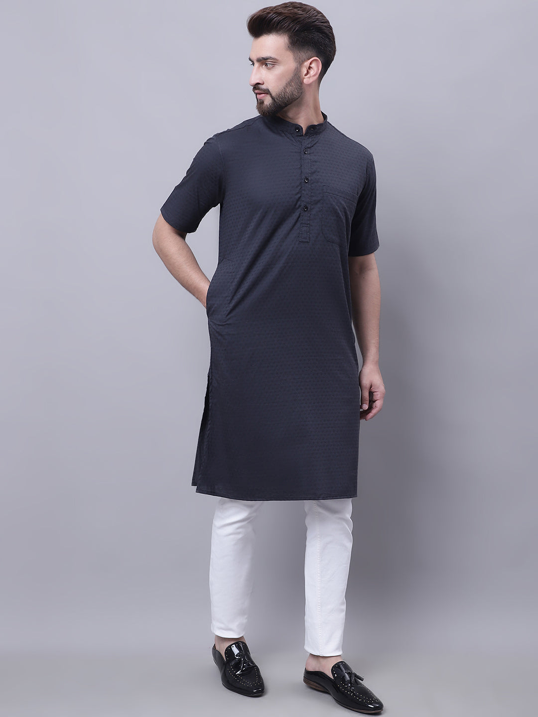 Even Apparels Black Pure Cotton Short Sleeves Kurta With Band Collar | Grocsy