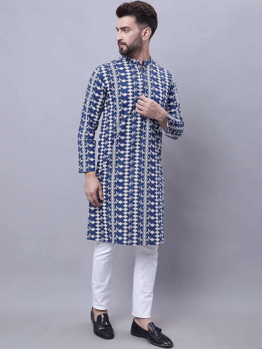 Even Apparels Blue Pure Cotton Kurta With Band Collar | Grocsy