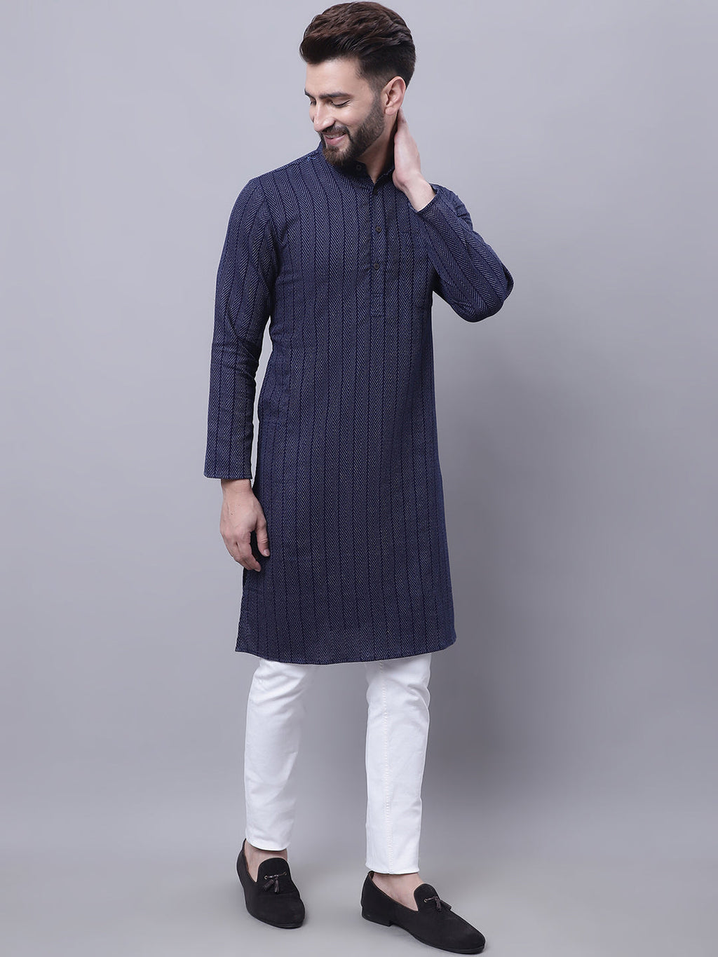 Even Apparels Blue Pure Cotton Kurta With Band Collar | Grocsy