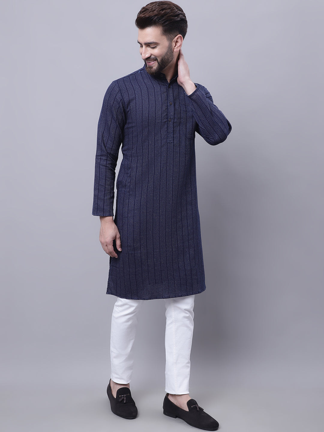 Even Apparels Blue Pure Cotton Kurta With Band Collar | Grocsy