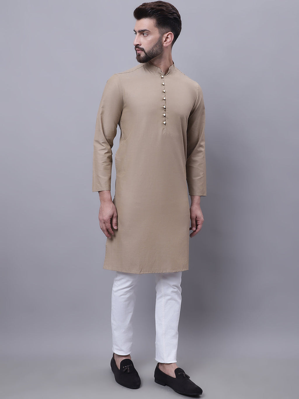 Even Apparels Beige Pure Cotton Kurta With Band Collar | Grocsy