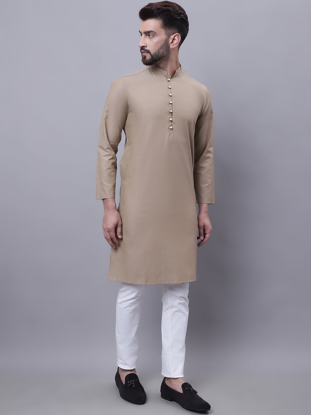 Even Apparels Beige Pure Cotton Kurta With Band Collar | Grocsy