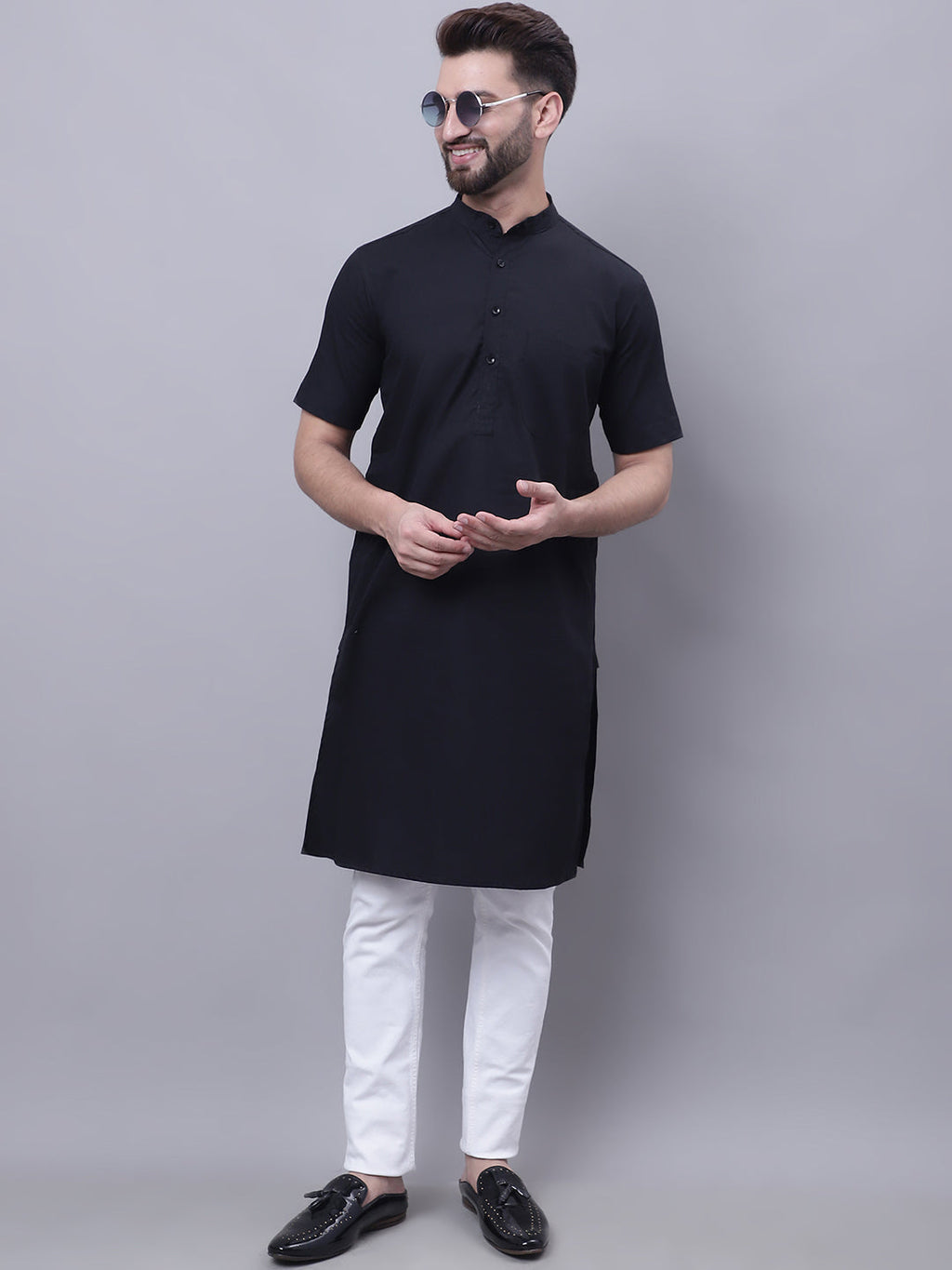 Even Apparels Black Pure Cotton Short Sleeves Kurta With Band Collar | Grocsy