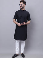 Even Apparels Black Pure Cotton Short Sleeves Kurta With Band Collar | Grocsy